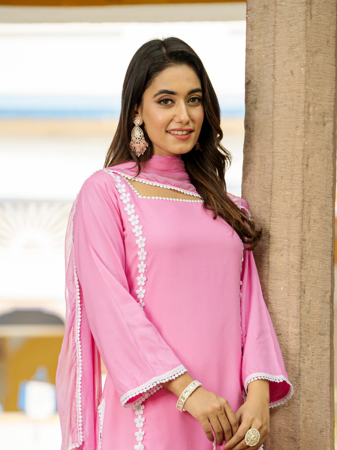 CLASSIC PINK LACE KURTA SET