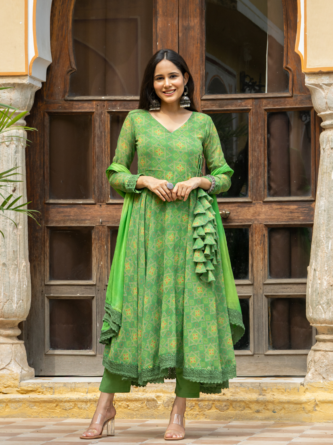 GREEN GEORGETTE BANDHEJ SUIT SET