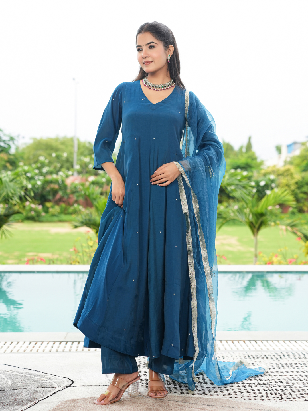 TRIVENI MUL CHANDERI ANARKALI SET