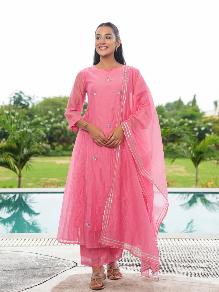 CORAL PEACH MUL CHANDERI KURTA SET