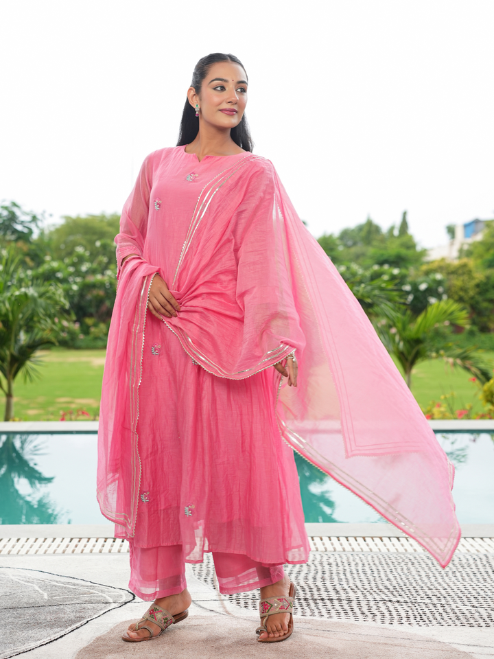 CORAL PEACH MUL CHANDERI KURTA SET