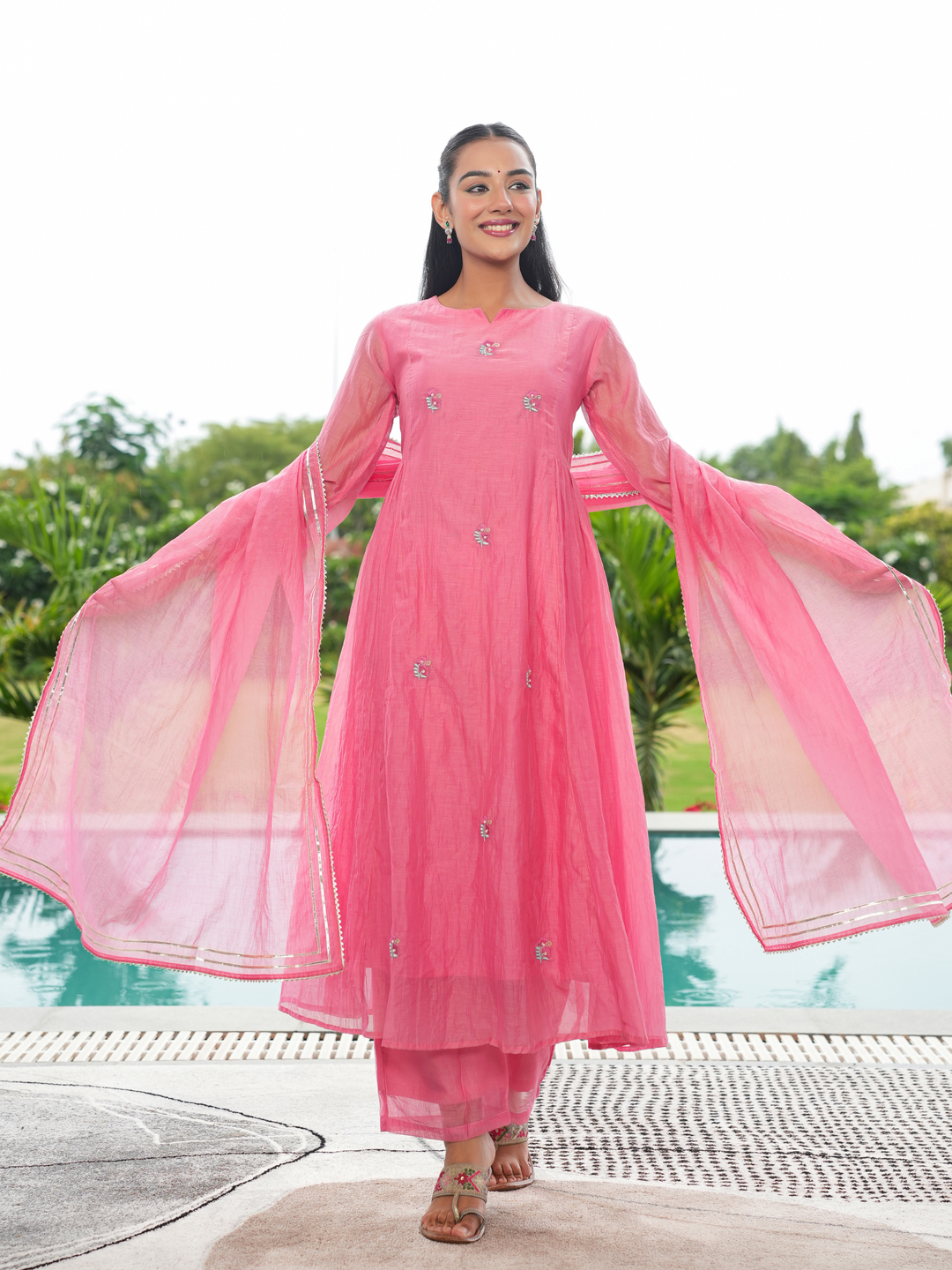 CORAL PEACH MUL CHANDERI KURTA SET