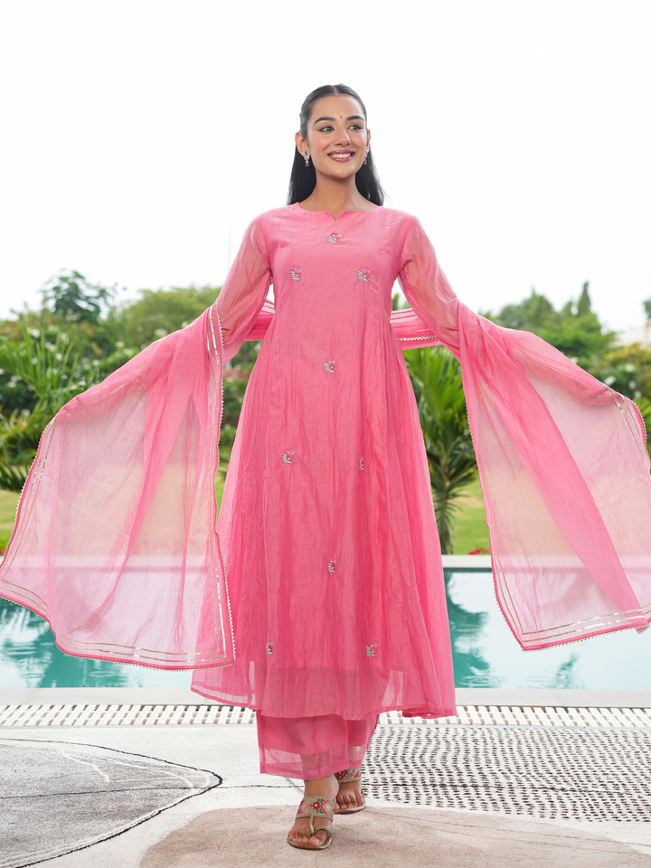 CORAL PEACH MUL CHANDERI KURTA SET