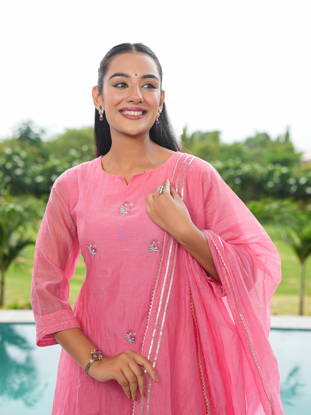 CORAL PEACH MUL CHANDERI KURTA SET