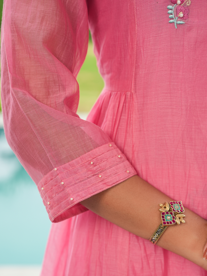 CORAL PEACH MUL CHANDERI KURTA SET