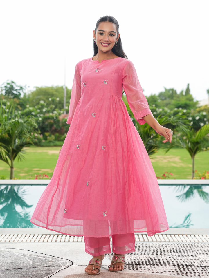 CORAL PEACH MUL CHANDERI KURTA SET