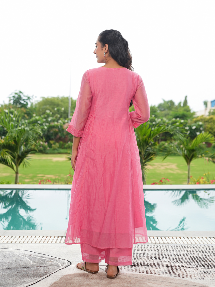 CORAL PEACH MUL CHANDERI KURTA SET